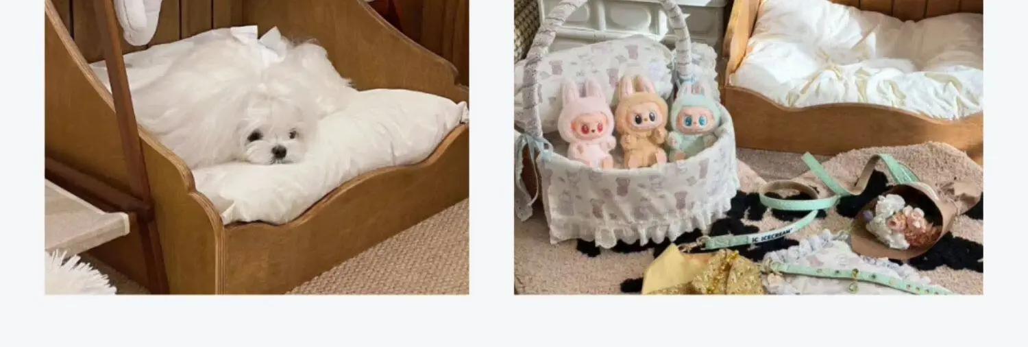 small wooden cat bed with mattress in a customer's home - Nordic Vintage Solid Wood Pet Bed
